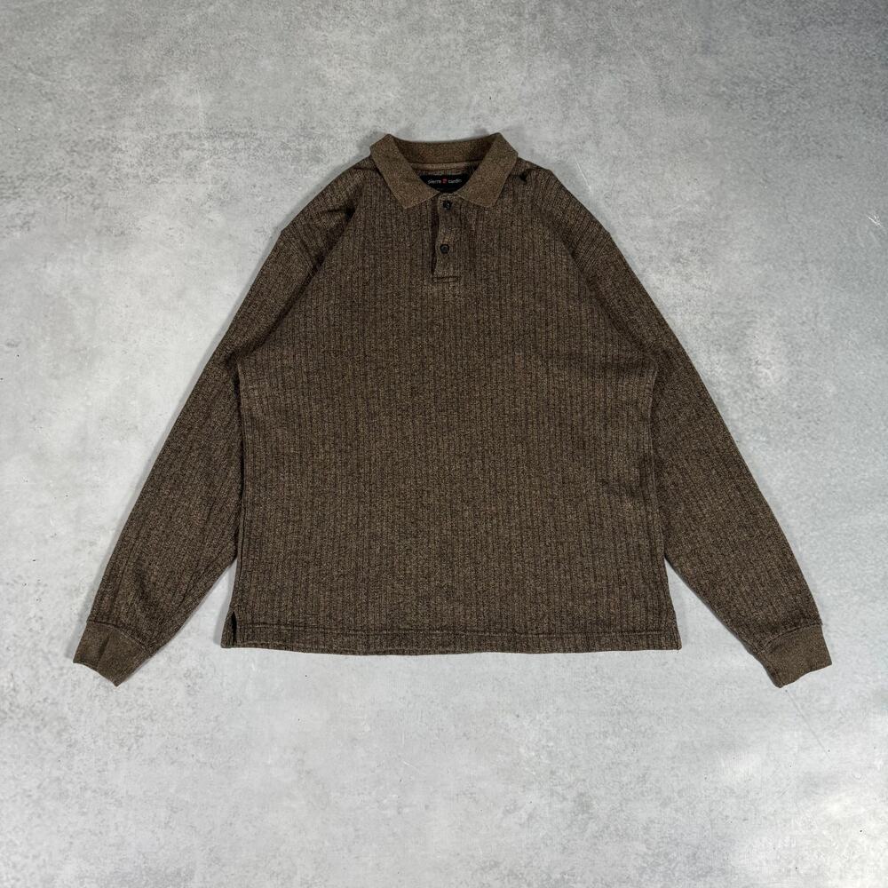 Pierre Cardin Long Sleeve Rib Knit Polo Brown - Size: M